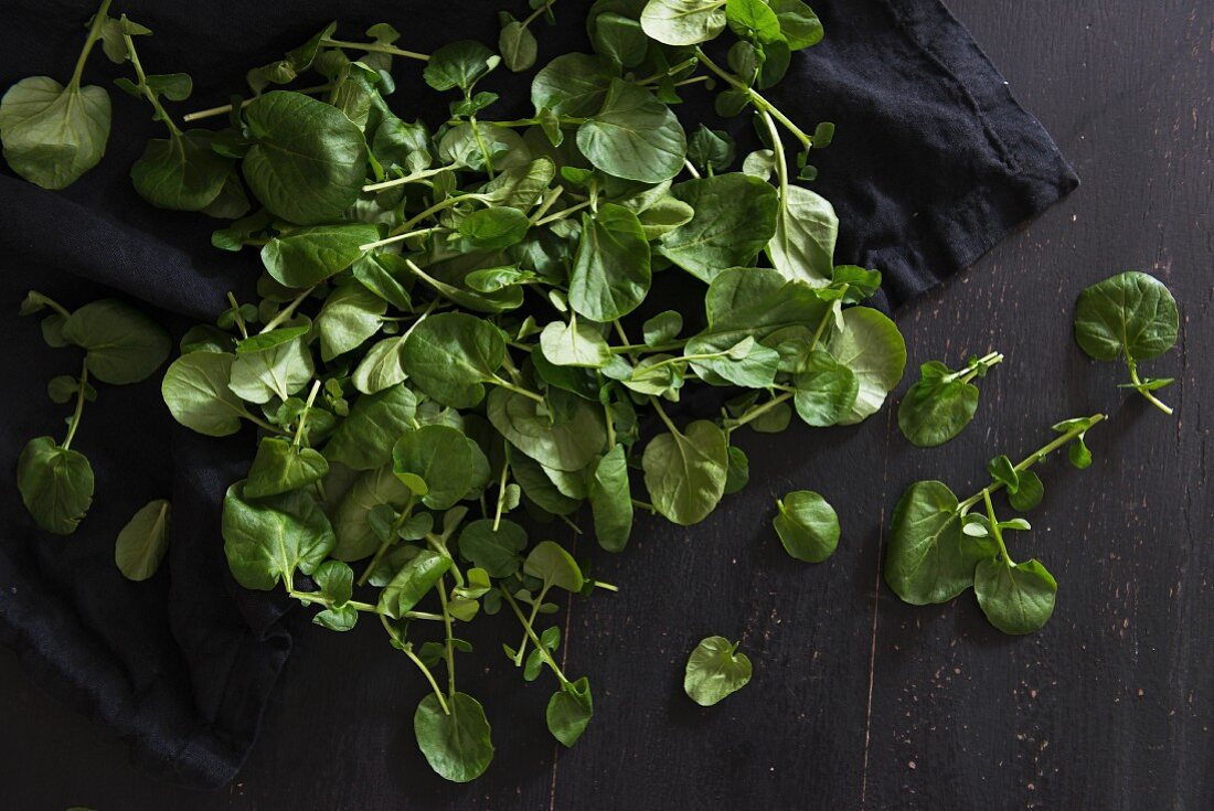 Fresh watercress on a wooden surface