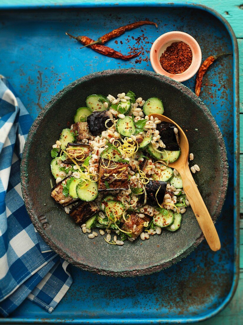 Farro salad with aubergines and courgettes