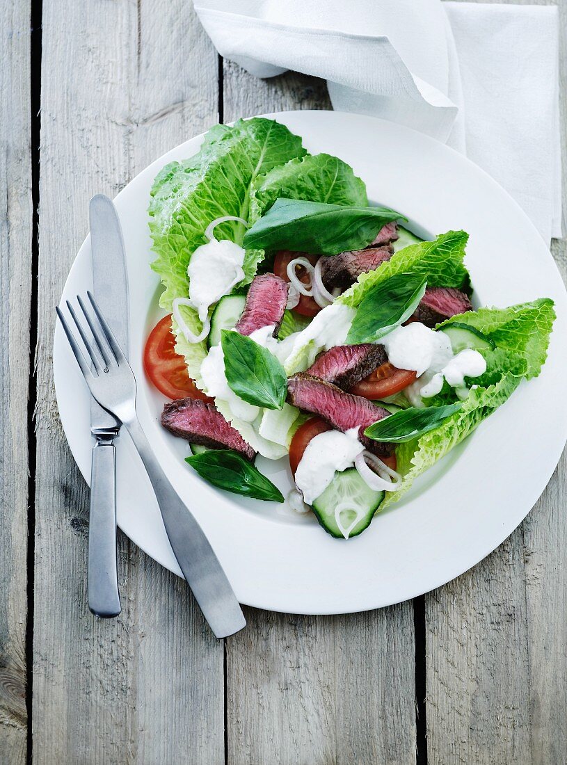 Salad with tomatoes, cucumber, mozzarella and beef steak