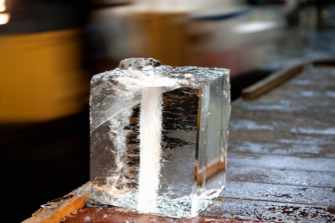 A large block of ice at the Tsukiji fish market in Tokyo, Japan