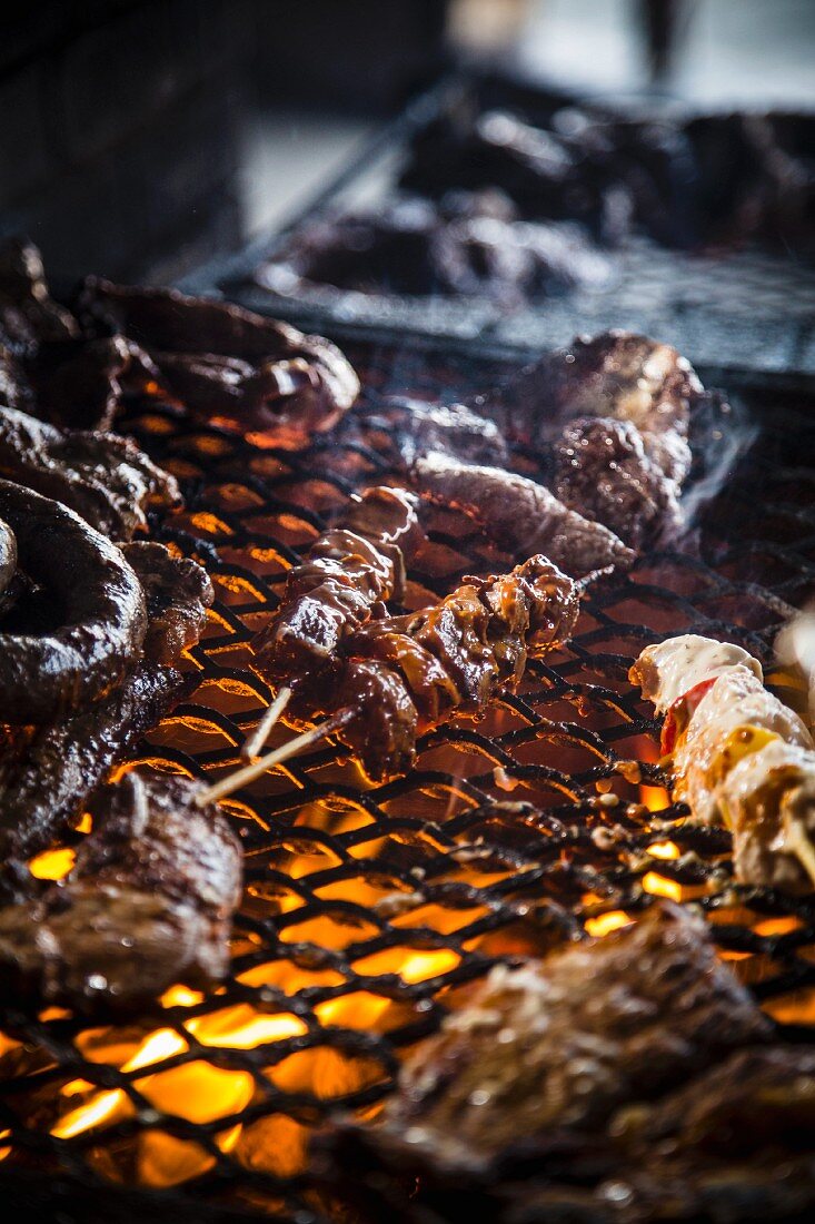 Meat and skewers on a barbecue