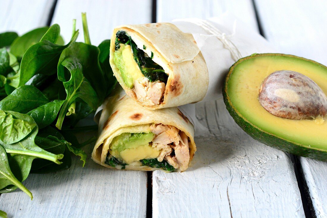 Chicken, spinach and avocado wraps