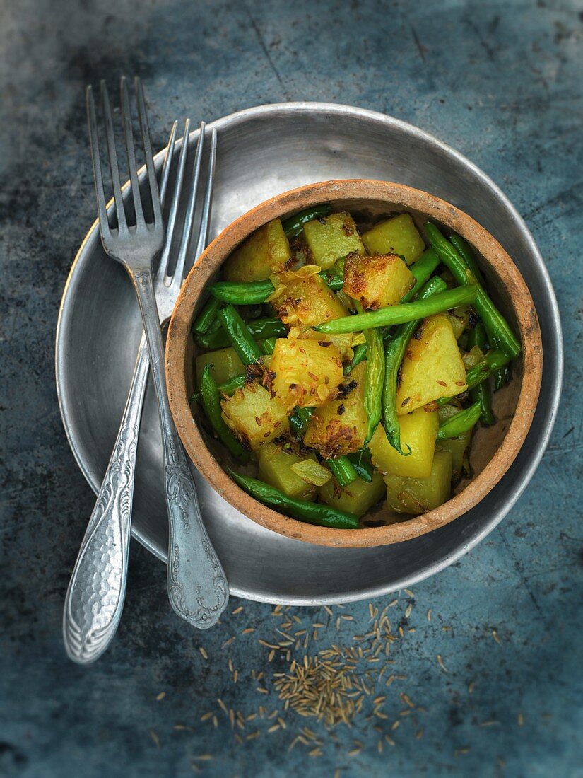 Fried Indian potatoes and beans