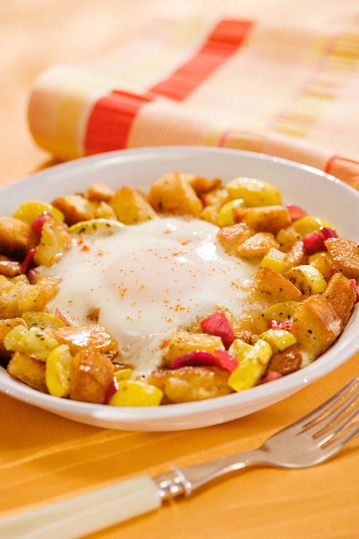 An egg on fried potatoes with pumpkin and red pepper