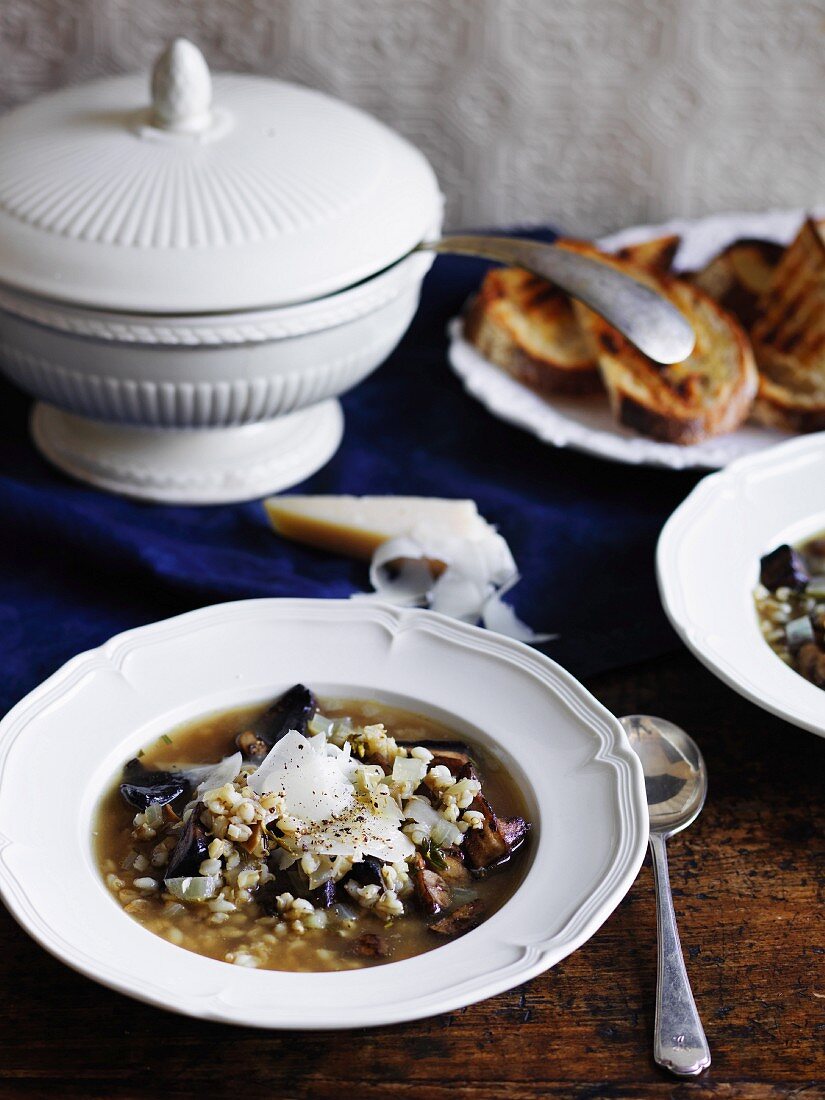 Mushroom soup with barley and toasted sourdough bread