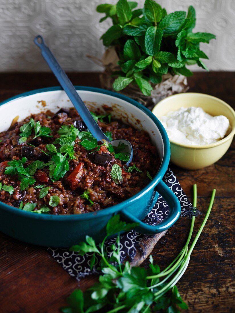 Aubergines with lentils and pomegranate molasses Moroccan style