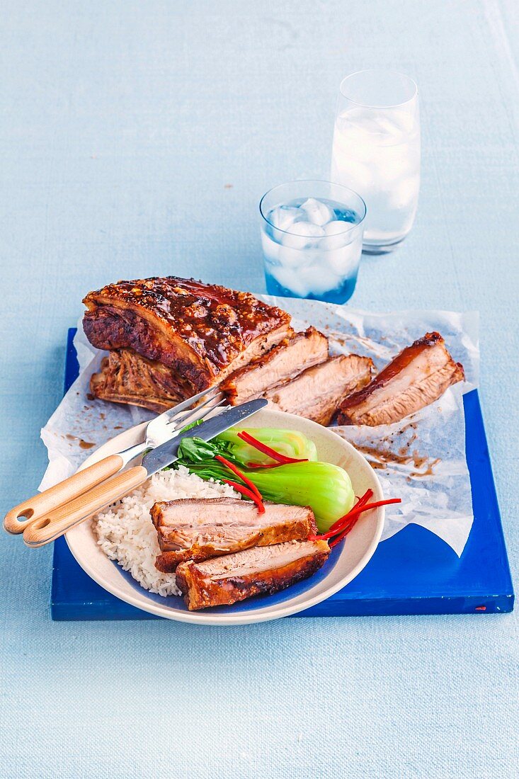 Chinese style pork belly with rice and pak choi