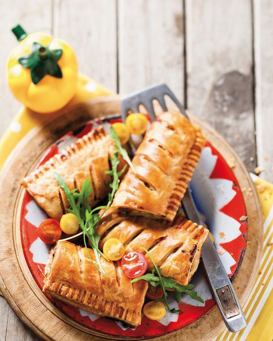 Pork and apple pasties with bay leaves
