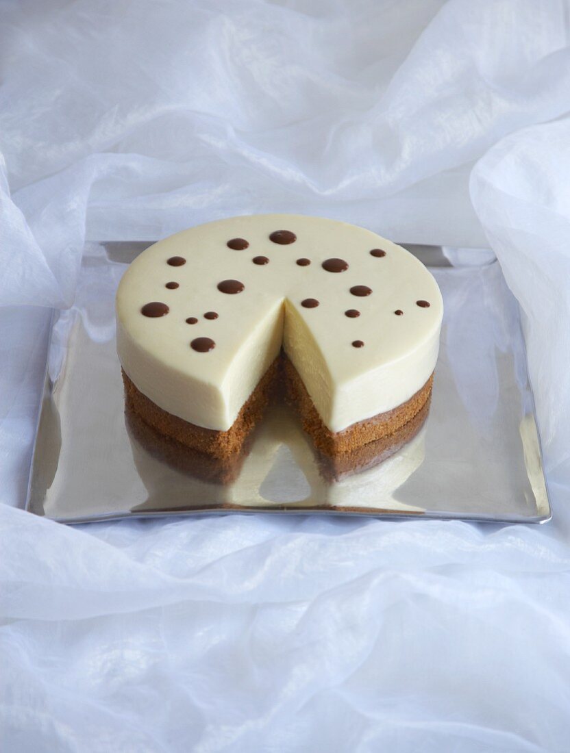 White cake with chocolate spots, sliced