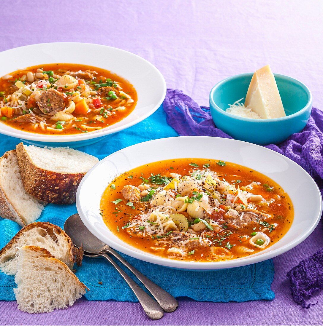 Minestrone with noodles and parmesan cheese