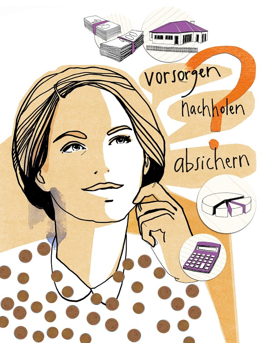 Illustration: Frau denkt nach über Geldanlage und Finanzen