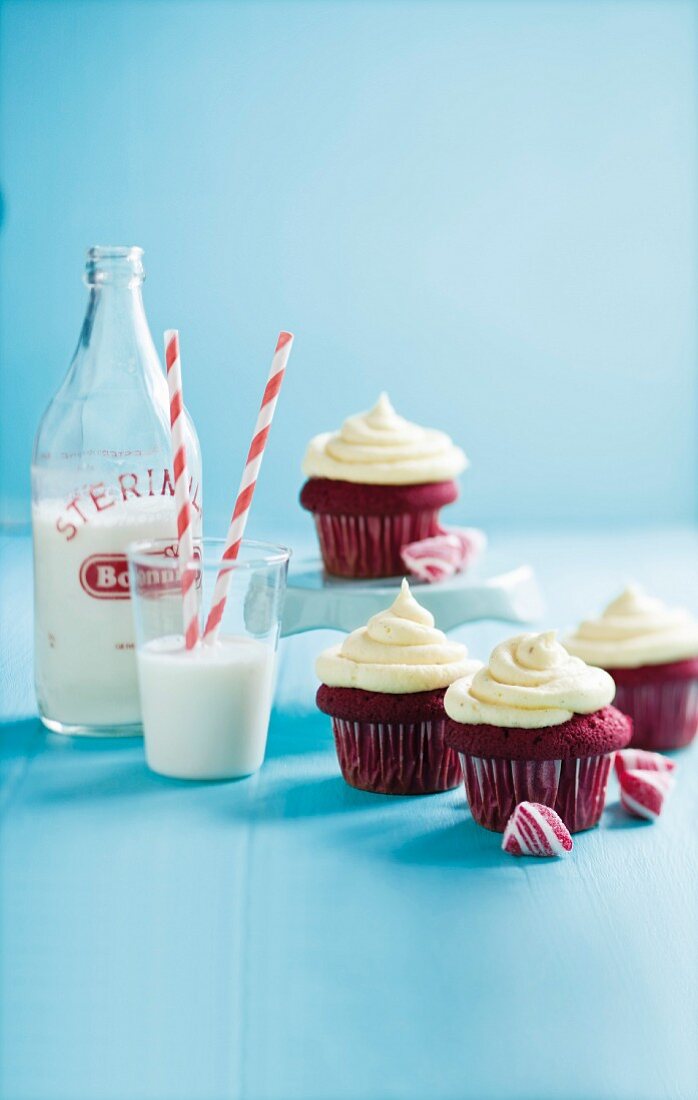 Red velvet cupcakes with vanilla frosting