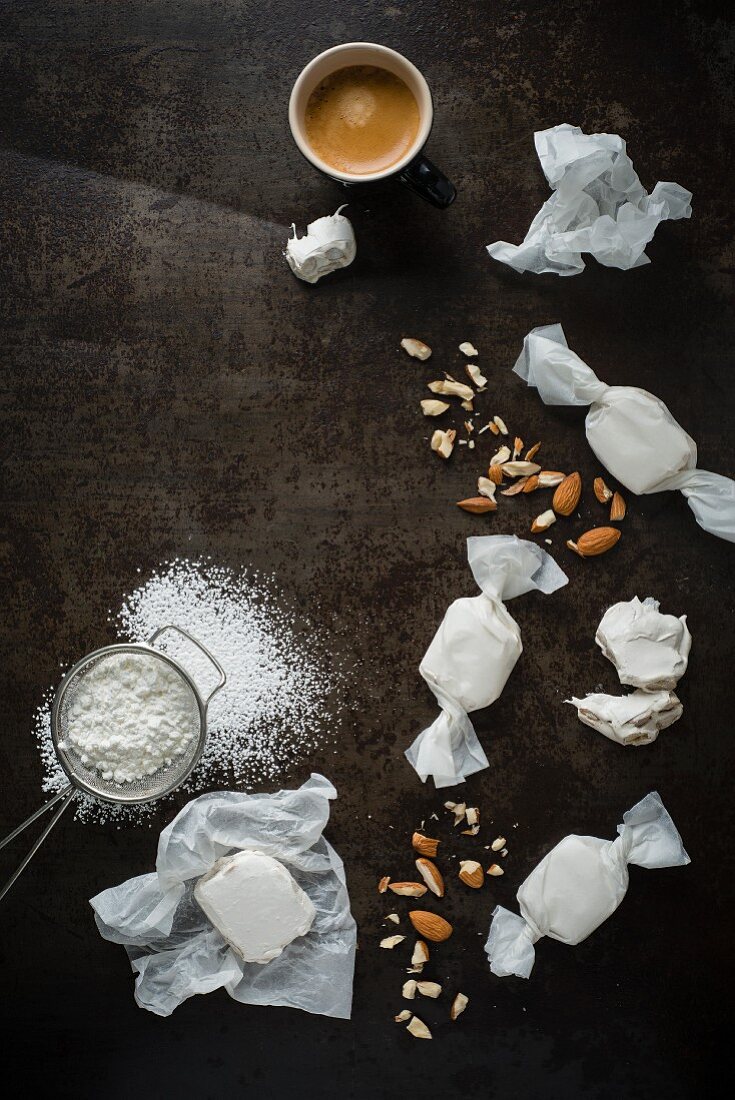 Nougat bonbons, almonds and espresso