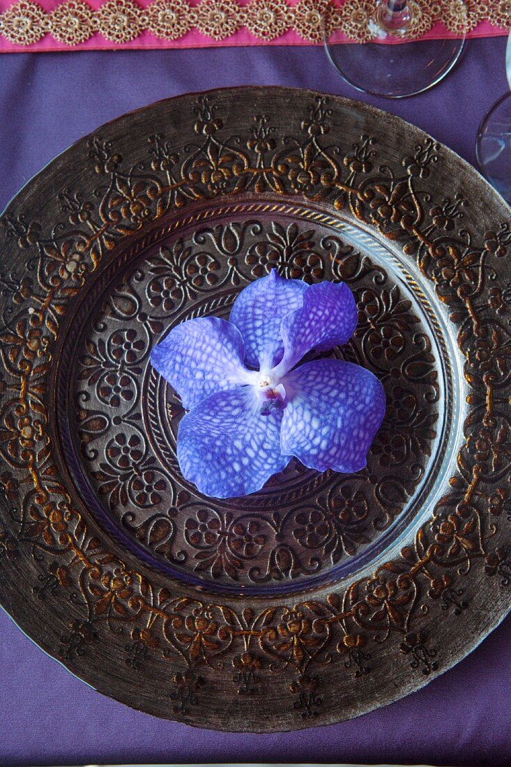 Violette Orchideenblüte auf verziertem, indischem Platzteller