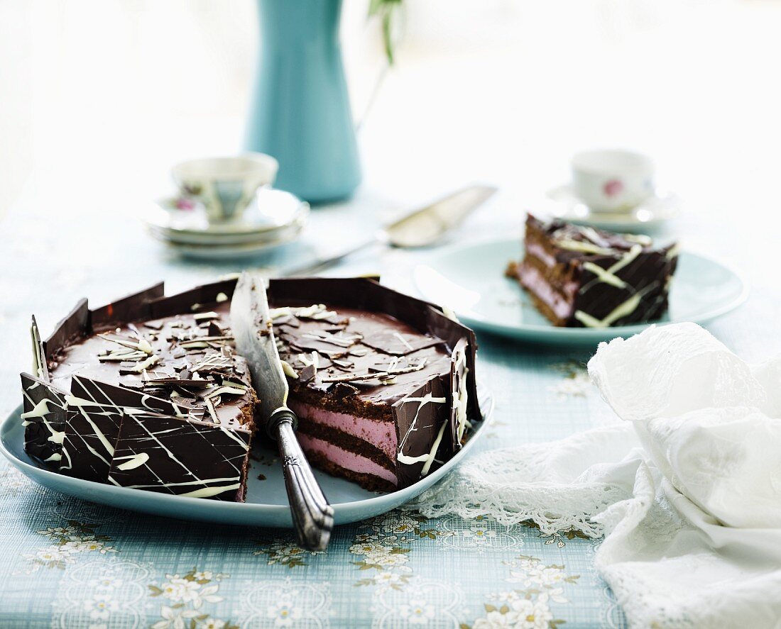 Chocolate raspberry cake, sliced