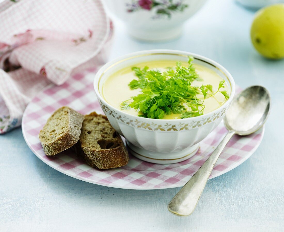 Creamy soup garnished with chervil