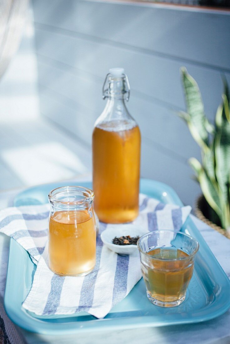 Kombucha mit Zitrone auf hellblauem Tablett