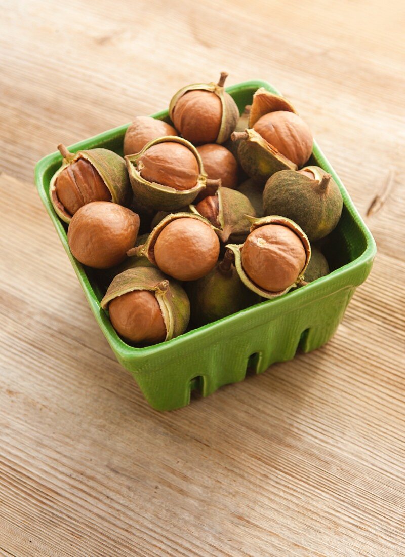 Macadamia nuts in a ceramic box