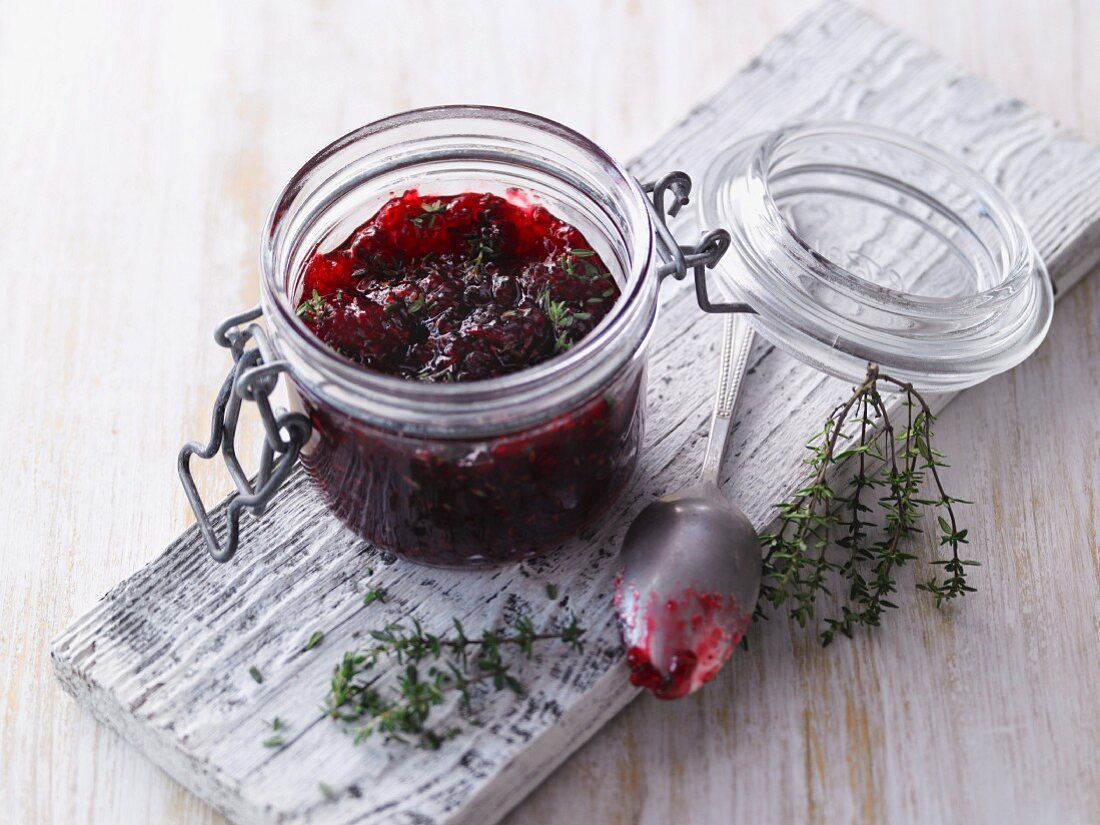 A jar of raspberry and thyme jam