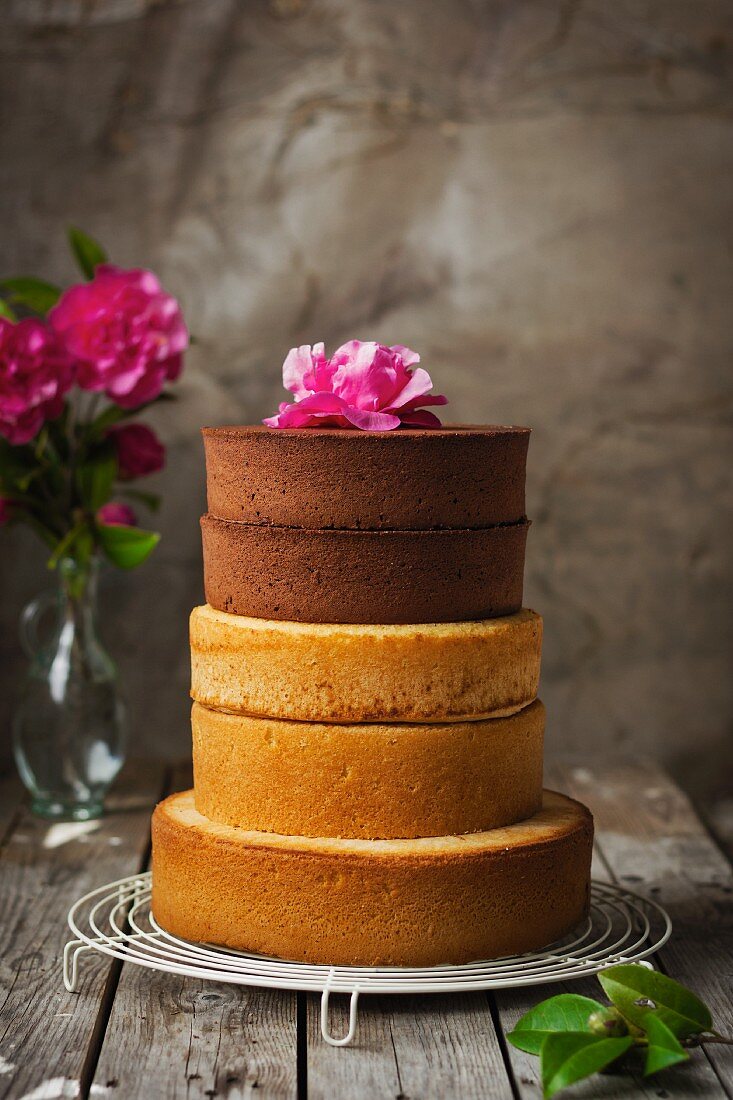 A multi-tier sponge cake on a wire rack