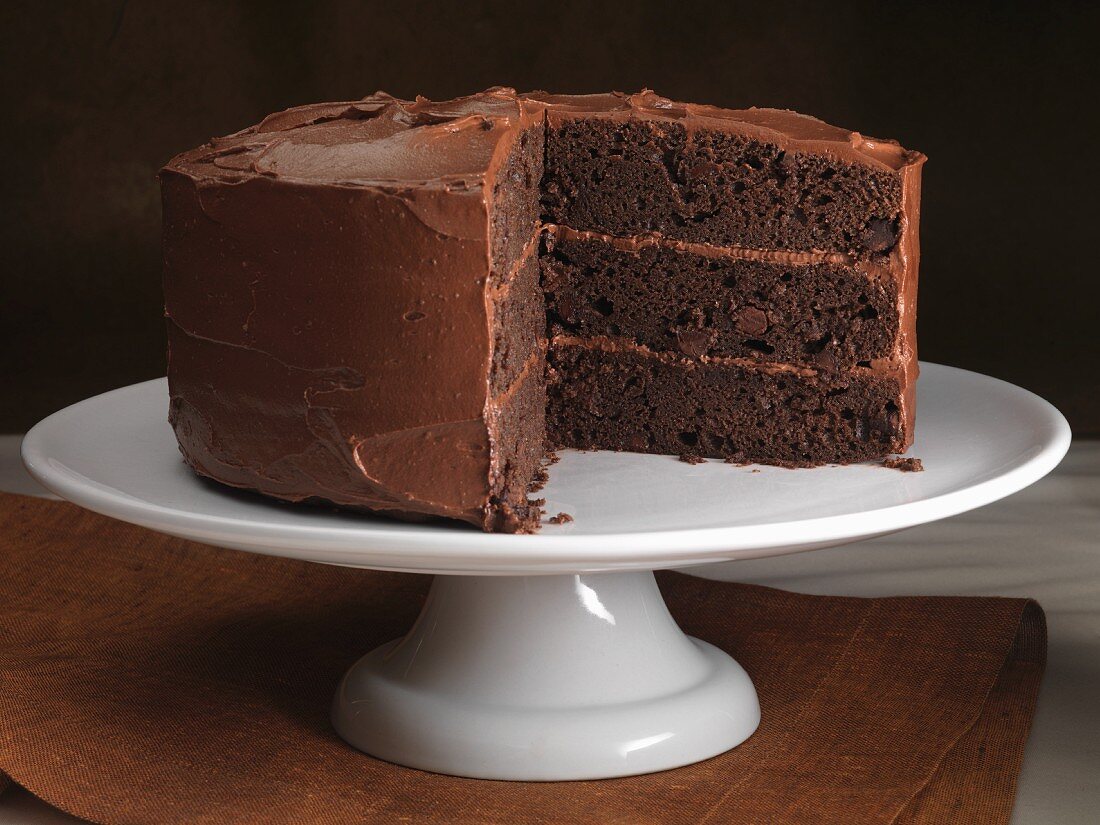 A chocolate cake on a cake stand
