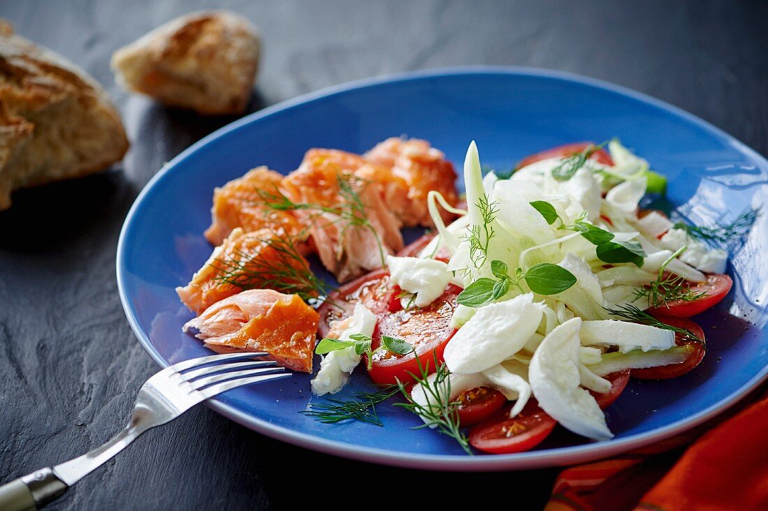 Tomato and fennel salad with mozzarella and salmon