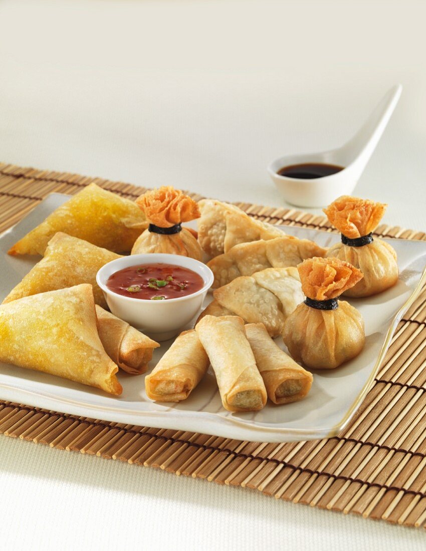 An Oriental appetiser platter with spring rolls, dumplings, samosas and two sauces