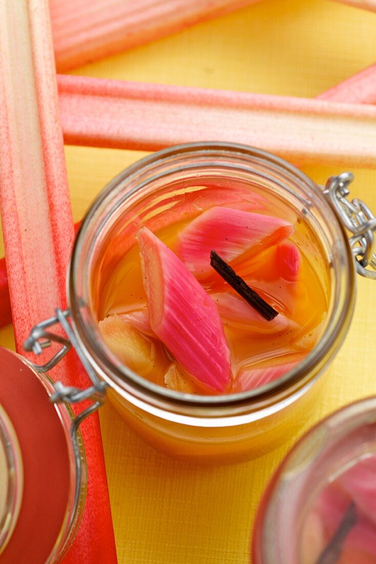Rhubarb compote with vanilla in fliptop jars