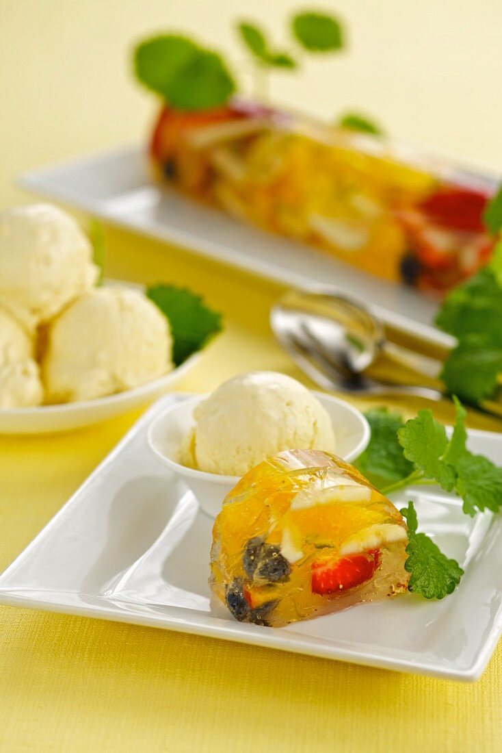 Creamy rhubarb ice cream and fruit jelly