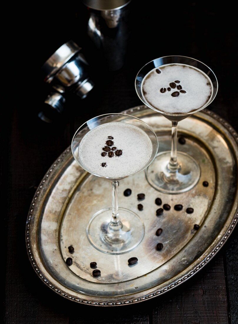 Two espresso Martinis on a silver tray