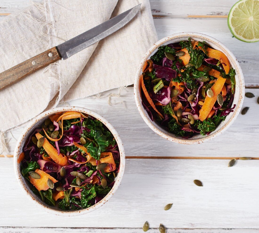 Red cabbage and carrot salad with nut butter and a lime dressing