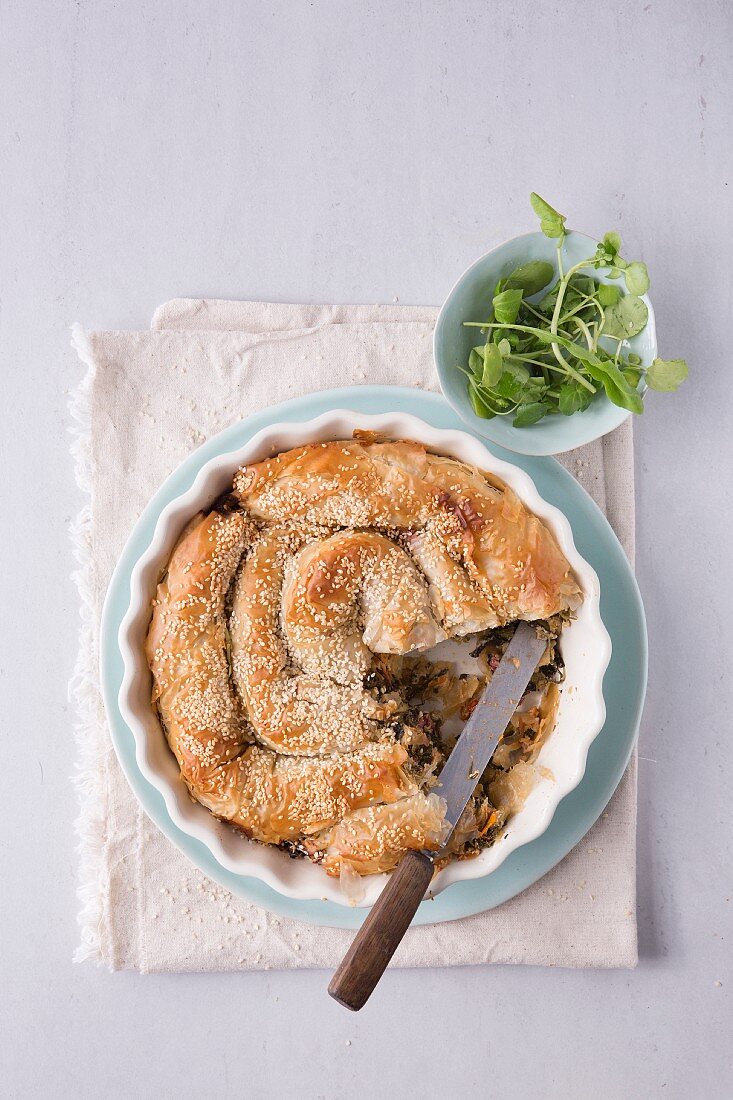 Kale, dried tomato and goat's cheese pie