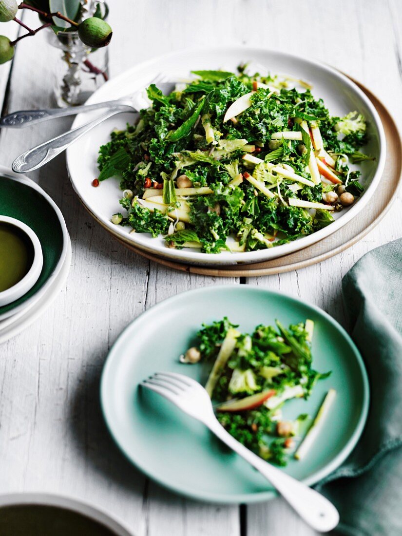 Winter salad of broccoli, apple and kale with sesame dressing