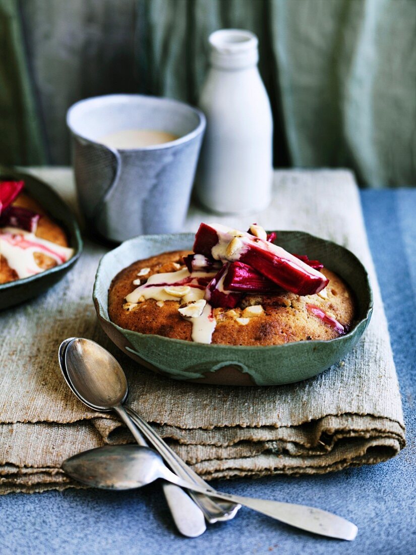 Rhubarb-hazelnut puddings with brown sugar brandy custard