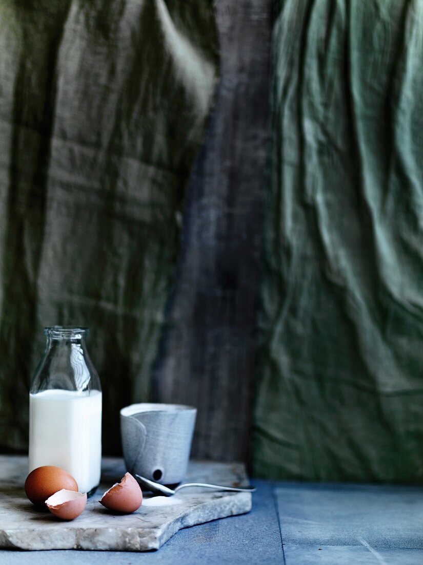 Milk bottle and eggs