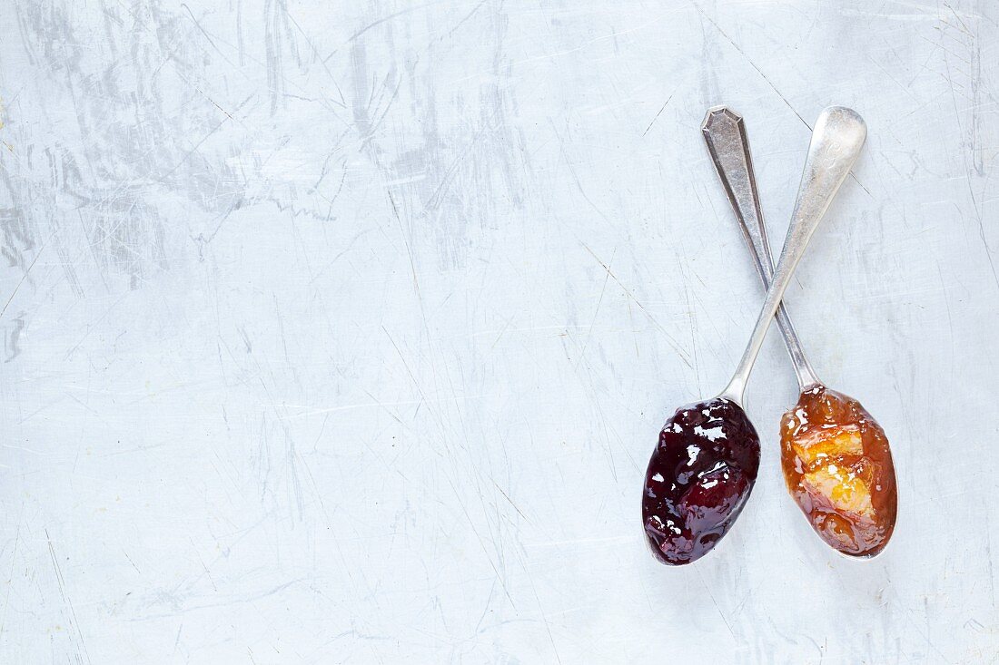 Two spoons of jam, seen from above