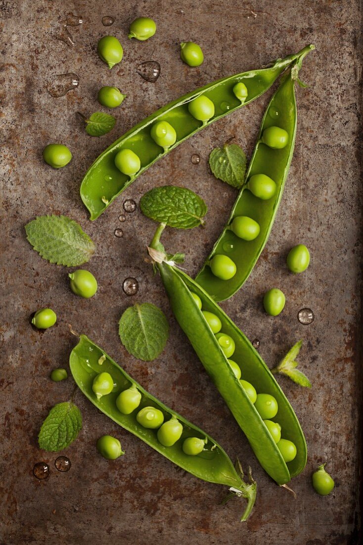 Fresh peas, pea pods and mint on a rustic metal tray