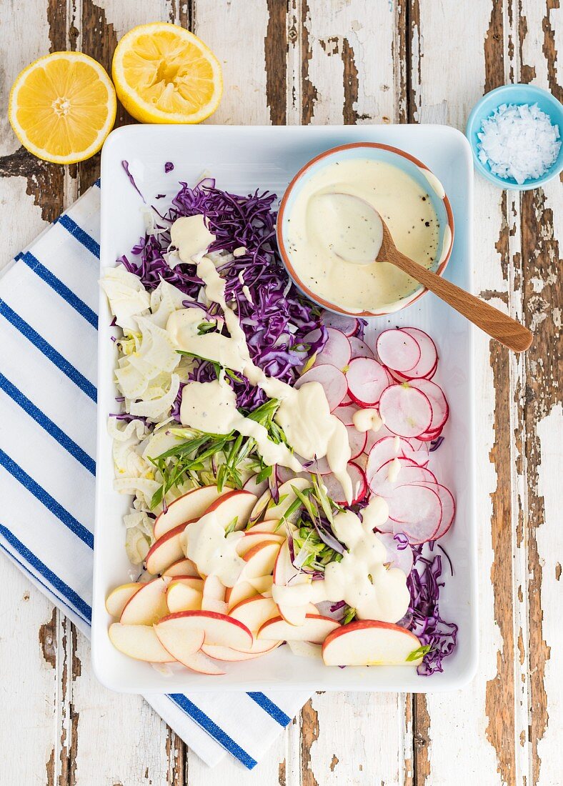 Raw vegetable salad with fennel, apples, red cabbage and radishes