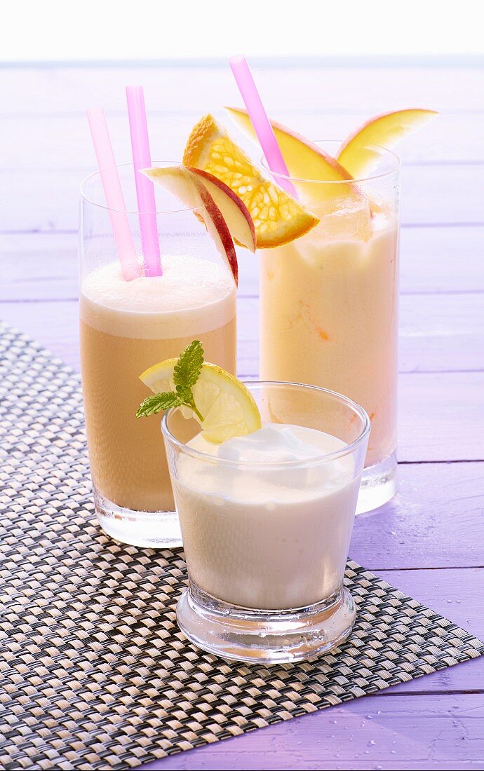 Mango lassi, a vitamin shake and a lemon yoghurt shake