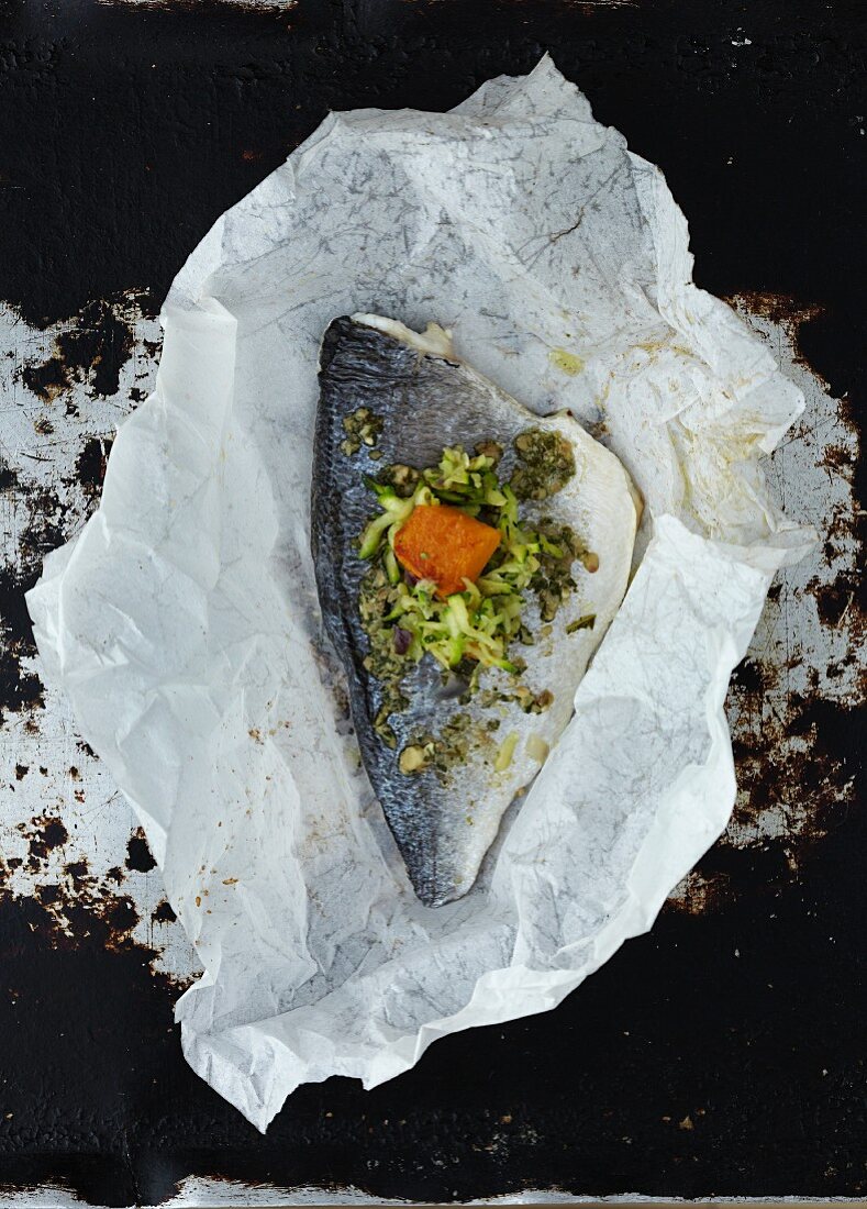 Seabass with a peppermint pesto in parchment paper