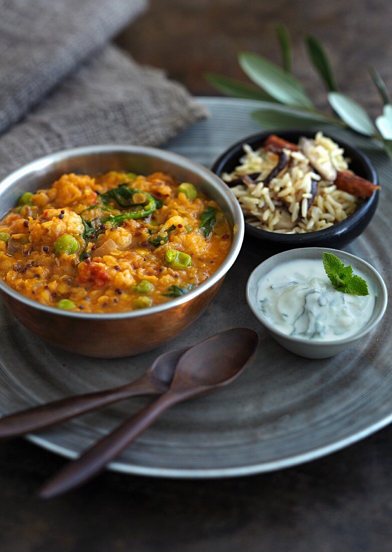 Indian dahl with broad beans and a yoghurt and mint sauce