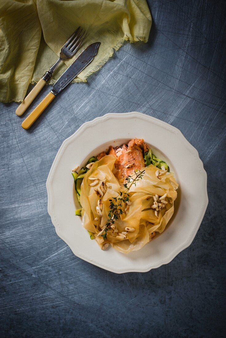 Salmon trout in filo pastry