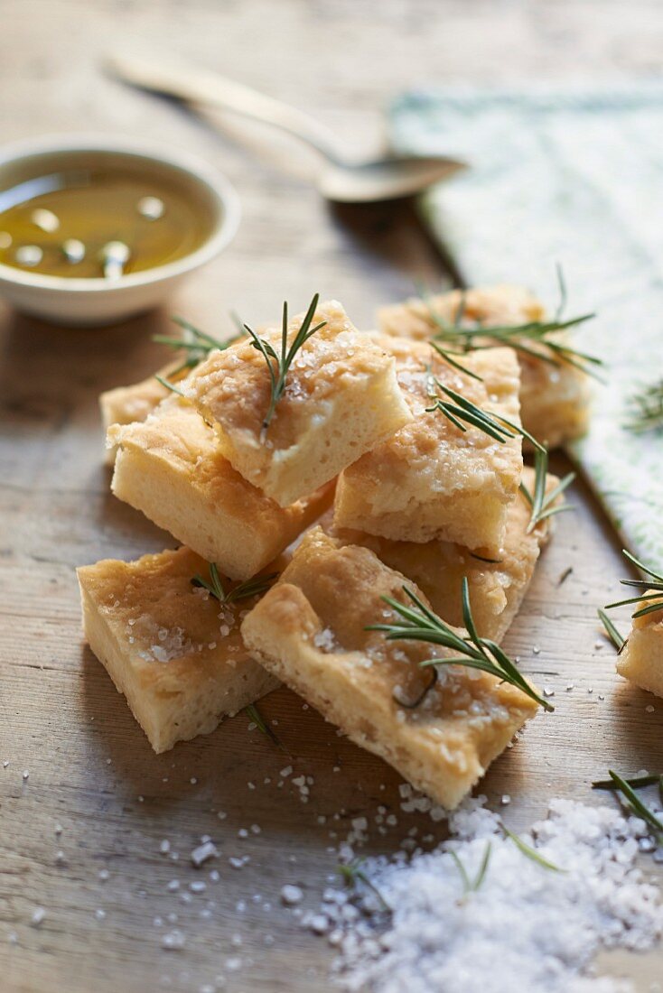 Gluten-free ciabatta squares with salt and rosemary