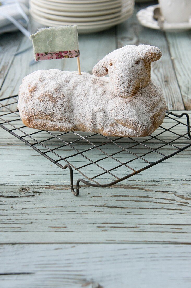 An Easter lamb cake dusted with icing sugar on a wire rack