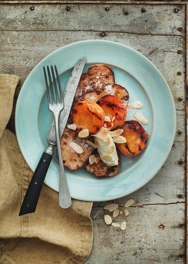 French toast with grilled apricots and almonds
