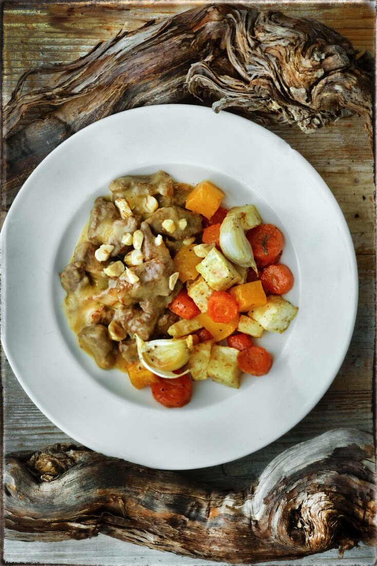 Veal ragout with oven-roasted vegetables