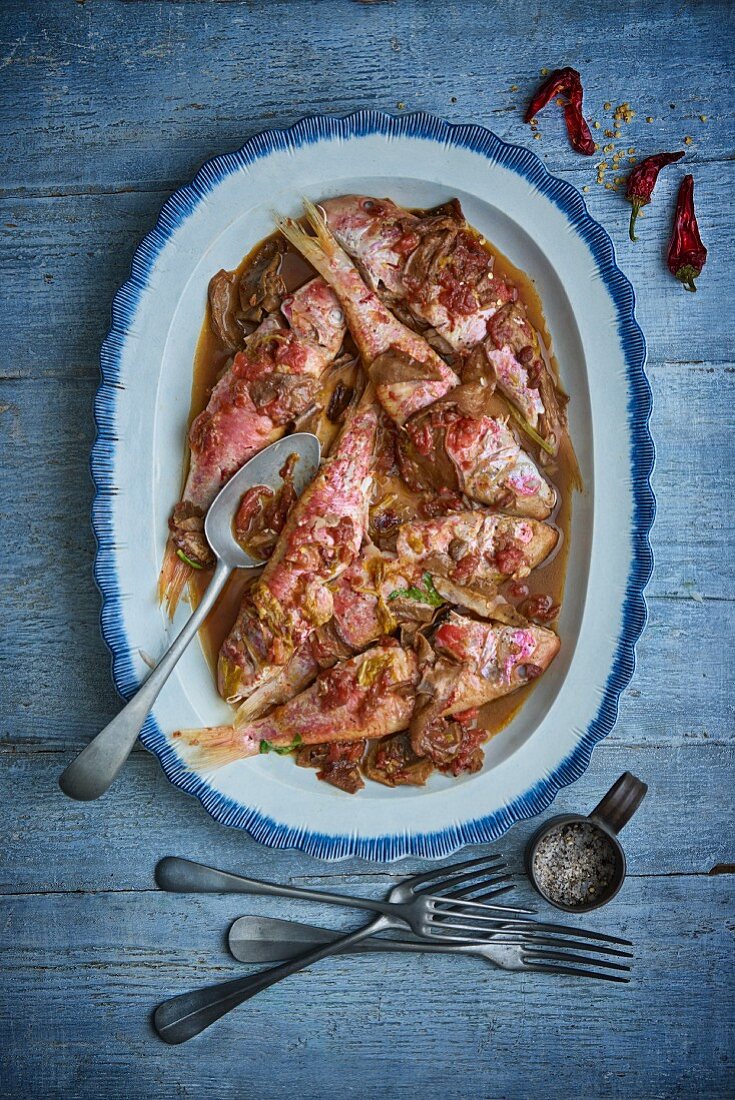 Red mullet in a white wine sauce with chilli