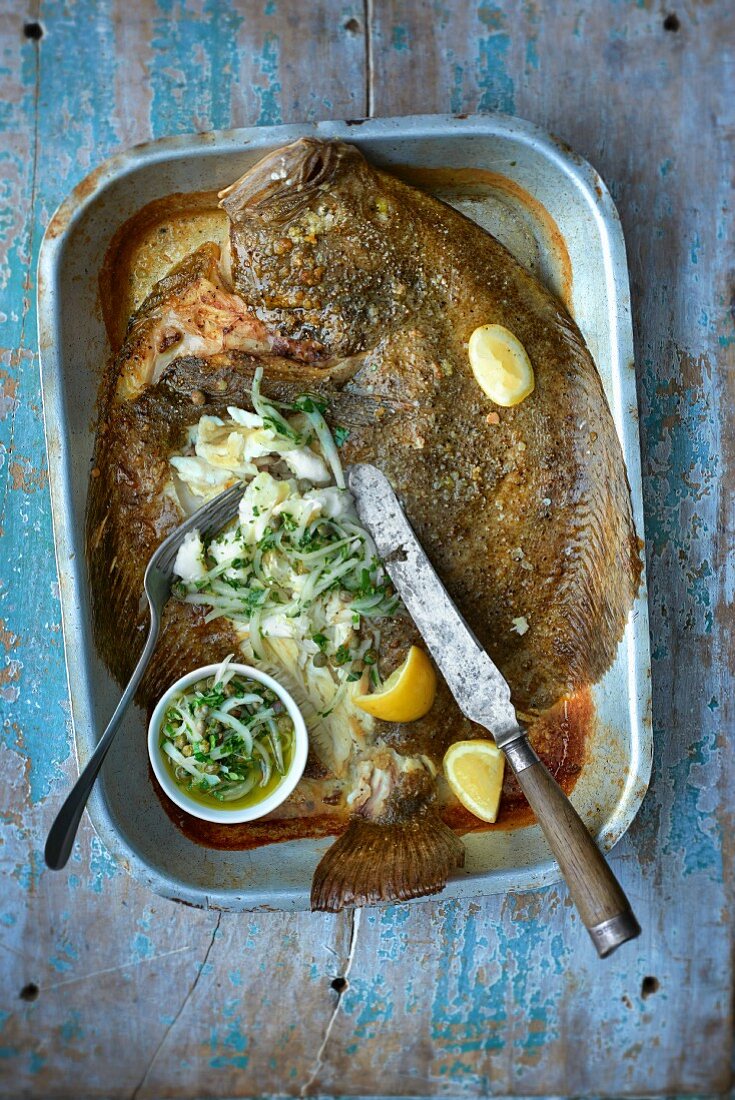 Turbot with a cucumber and caper relish