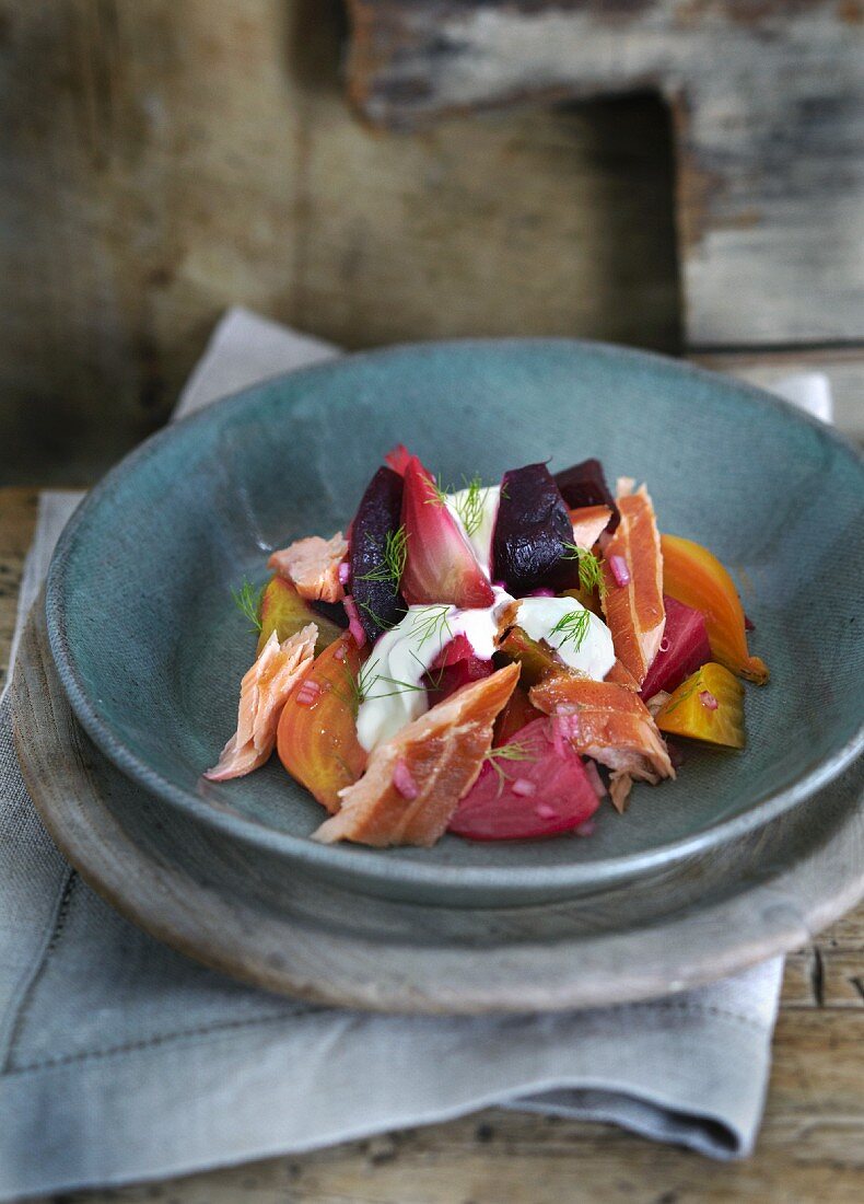 Beetroot salad with salmon, sour cream and dill