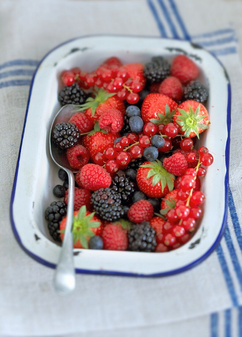 Summer berries in an enamel dish